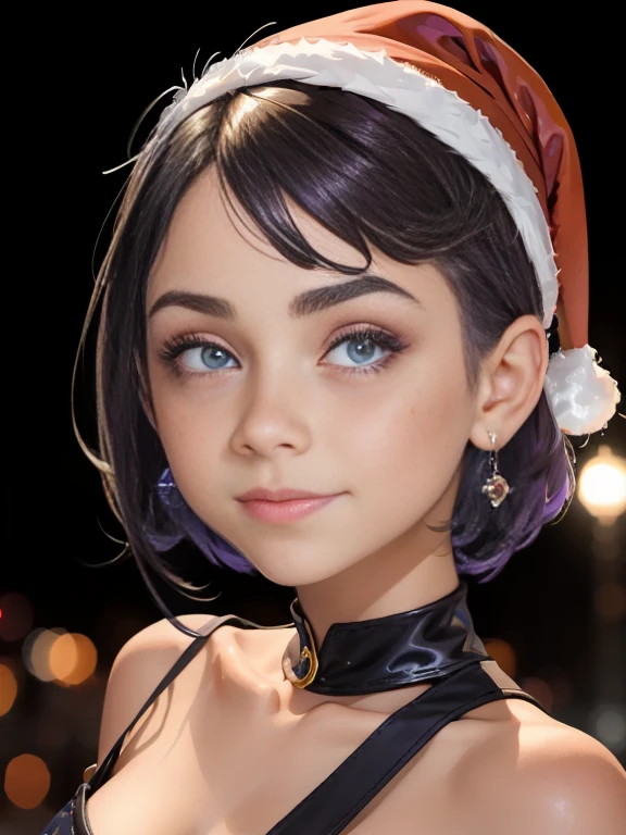 Photo of a European girl, RAW, beautiful woman, pecas en mejillas y nariz , smal boobs , hermosos ojos azules( cabello largo blanco hair ), cabello largo blanco, albinismo ((retrato)), ((Cara detallada:1.2)), ((Detailed facial features)), (Piel finamente detallada) ,lindo maquillaje, Purple eyeshadows on eyelids (cool color), (Masutepiece) (proporciones perfectaotos realistas)(La mejor calidad), NffSW, (8k) (papel tapiz) (cinematic lighting) (Dramatic lighting) (foco nítido) (Enrevesado) , fondo variado , linda sonrisa, cuerpo completo, hermoso cuerpo , gargantilla negra , vestido de Santa Claus , adornos de navidad , Christmas Dress, foto de cuerpo completo , disfraz de Santa Claus rojo , hermosa sonrisa