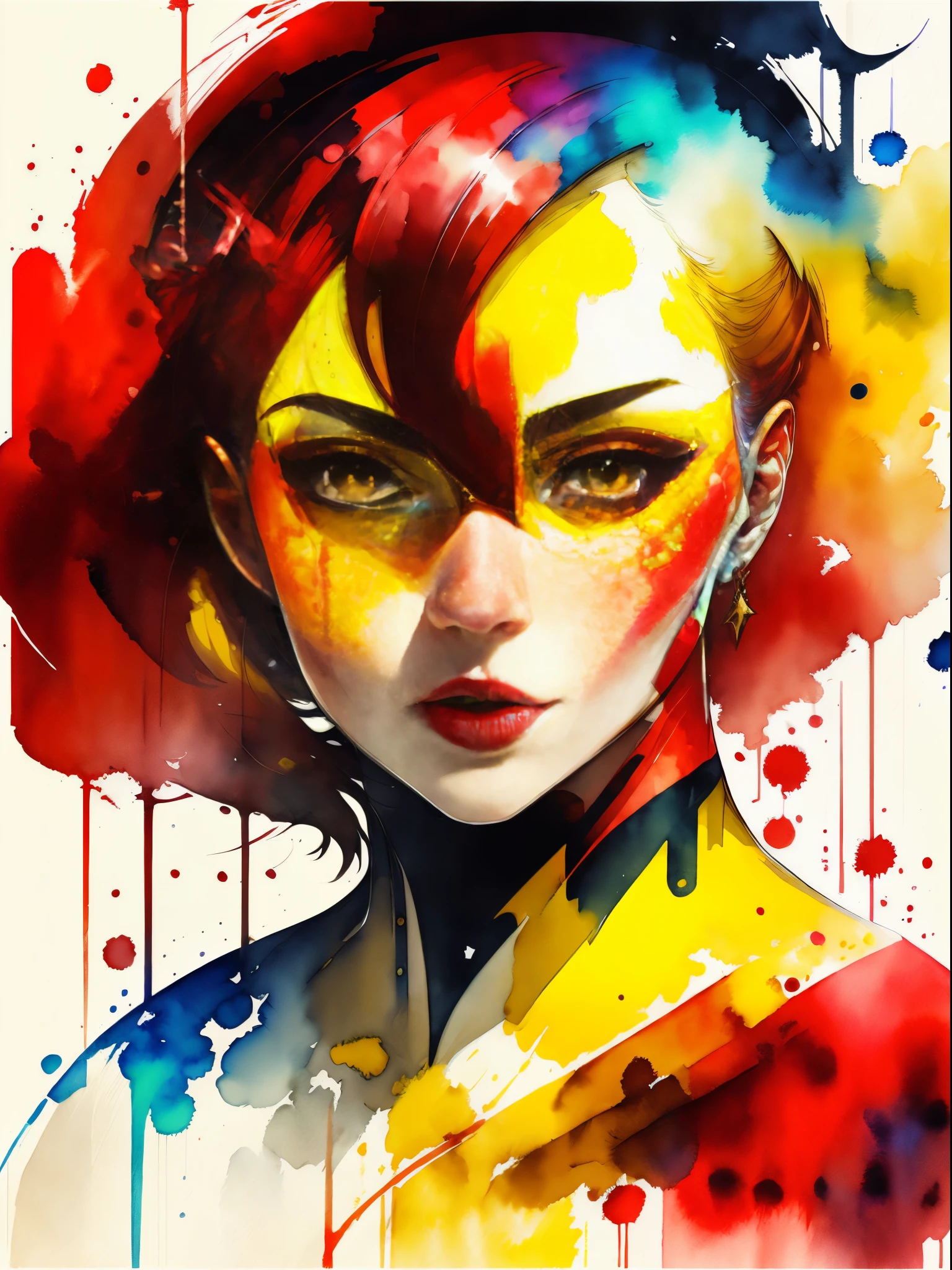 A painting of a woman with a red and yellow face, Sylvia Pelissero watercolors, Tumbler, figurative art, Intense watercolor painting, watercolor detailed art,expressive beautiful painting, a beautiful artwork illustration, very colorful tones, Fantastical, Best Quality,Official art, Female Solo, sharp outline