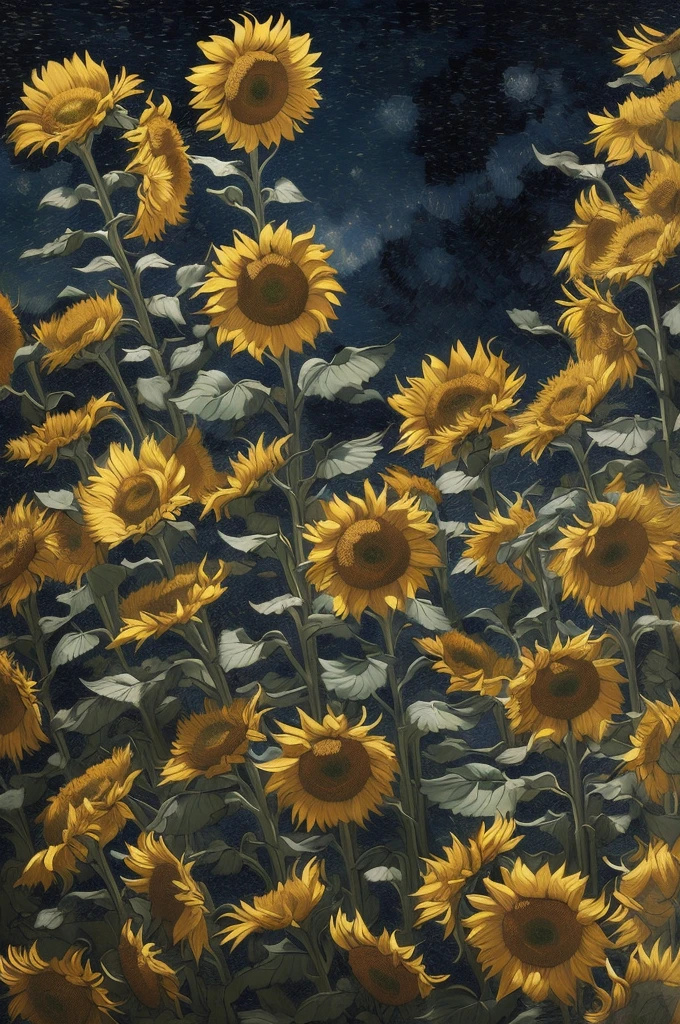 by van gogh, Sunflower, Navy blue, scarlet red, silver, ivory, intricate, (best quality, masterpiece, Representative work, official art, Professional, unity 8k wallpaper:1.3)