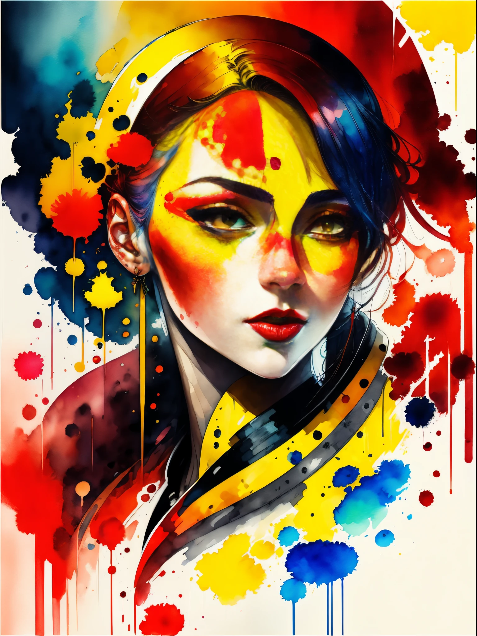 A painting of a woman with a red and yellow face, Sylvia Pelissero watercolors, Tumbler, figurative art, Intense watercolor painting, watercolor detailed art,expressive beautiful painting, a beautiful artwork illustration, very colorful tones, Fantastical, Cool Beauty, Best Quality,Official art, Female Solo, sharp outline