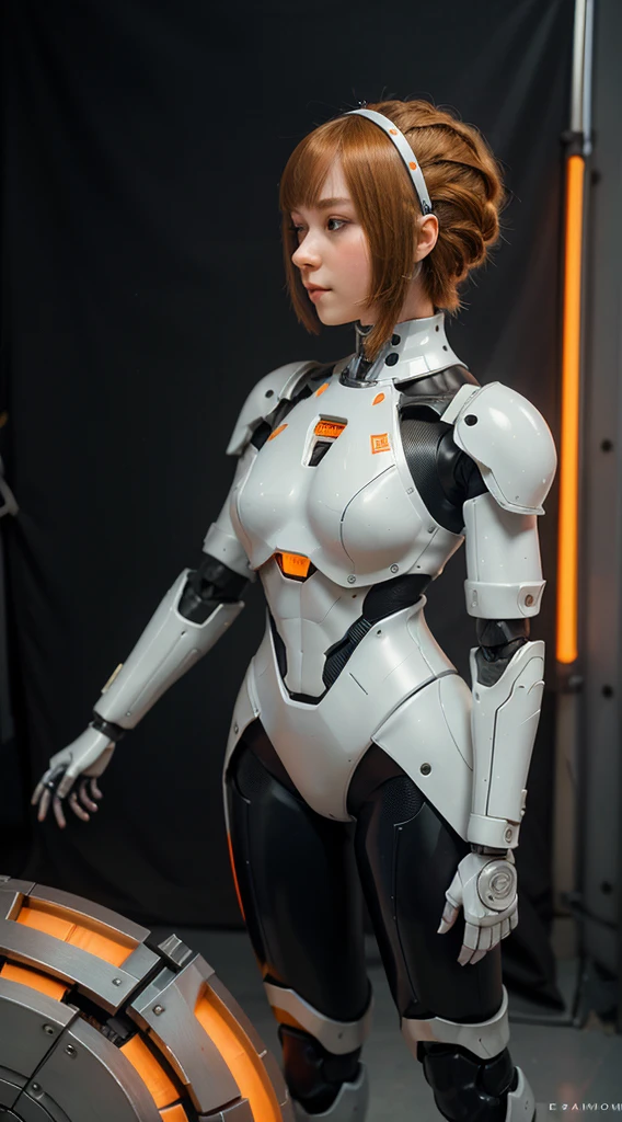 Create a detailed and realistic depiction of a humanoid robot girl complete with intricate white and orange armor., Top shot, The armor is very short., It is placed in front of a complex mechanical background.. The robot should have human-like hair but no visible face..