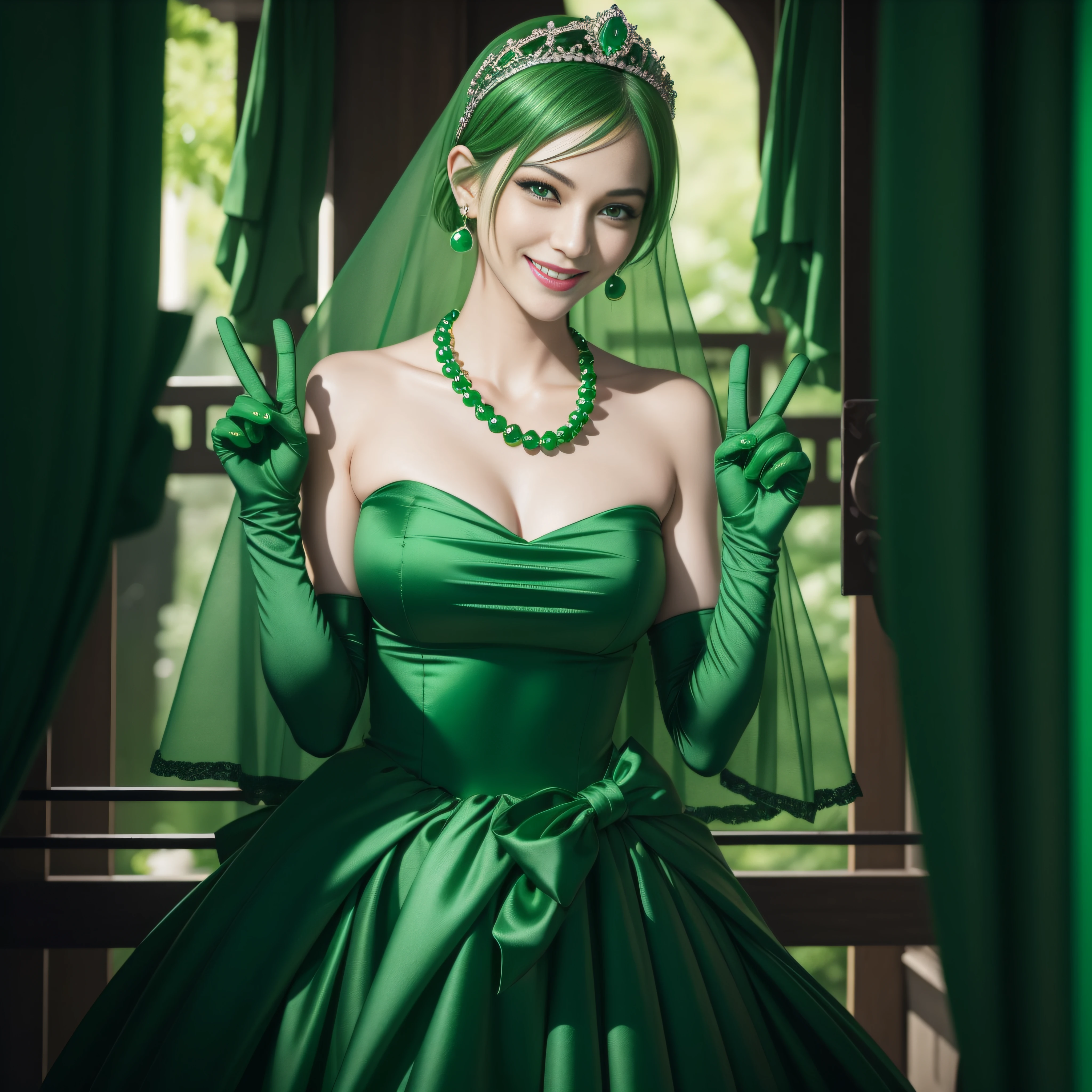 emerald tiara, Green Pearl Necklace, Boyish very short green hair, lipsticks, Japan woman smiling, very short short hair, big breasts beautiful, Green eyes, Long green gloves made of satin material, Green eyes, Emerald Earrings, green vale, v sign