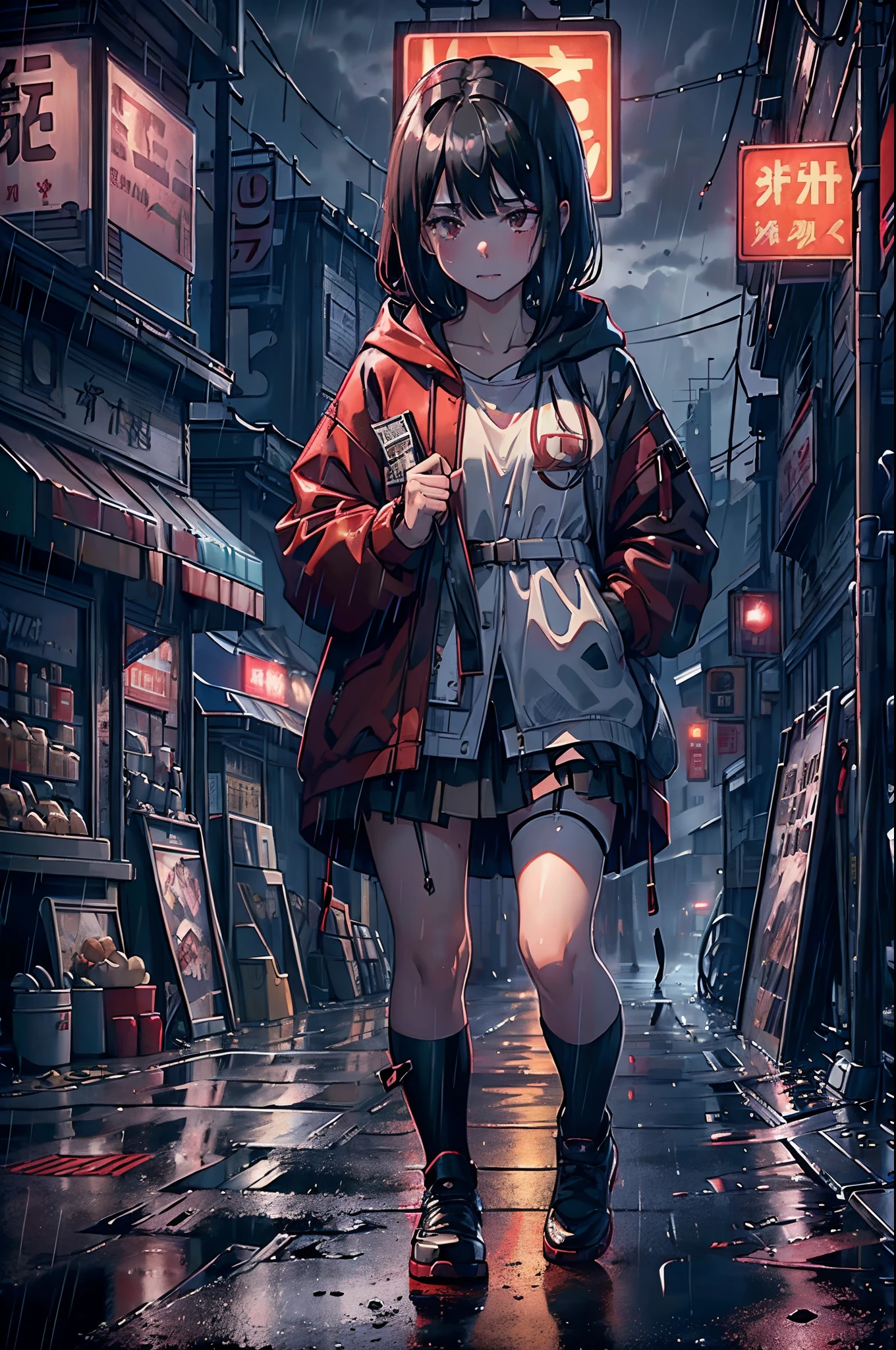 8K,tmasterpiece,Best quality at best,hyper-detailing,realistically,realistically,Extremely detailed face,电影灯光,电影灯光,Ray traching,unlit hair,
on a cloudy street,Corner store,foggy and heavy rain,A girl with black hair and black eyes stood in the middle of the road and cried..。She is wearing a red hooded jacket,White color blouse,Short black skirt and black garter belt,Clothes soaked by rain,Black exposure,depth of fields(degree ),Cinema lens lighting,
