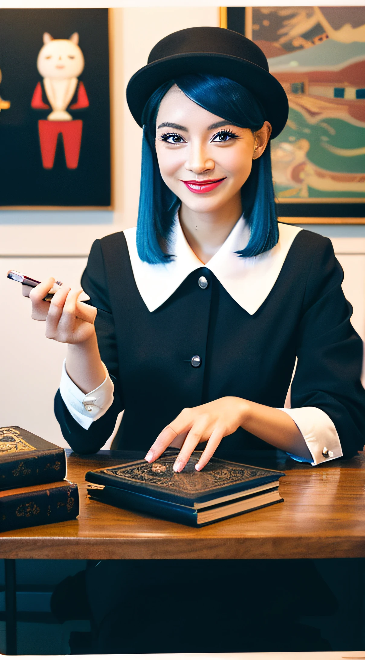 a formally dressed female employee working at a modern desk. Emphasize details in the contemporary look and the modernly decorated workspace.", black hair, raised eyebrows, jewelry, heart-shaped eyes, wide eyes, blue hair, tokin hat, grin, film grain, emphasis lines, outside border, Social realism, sparkle, jpeg artifacts, curate   and read the book