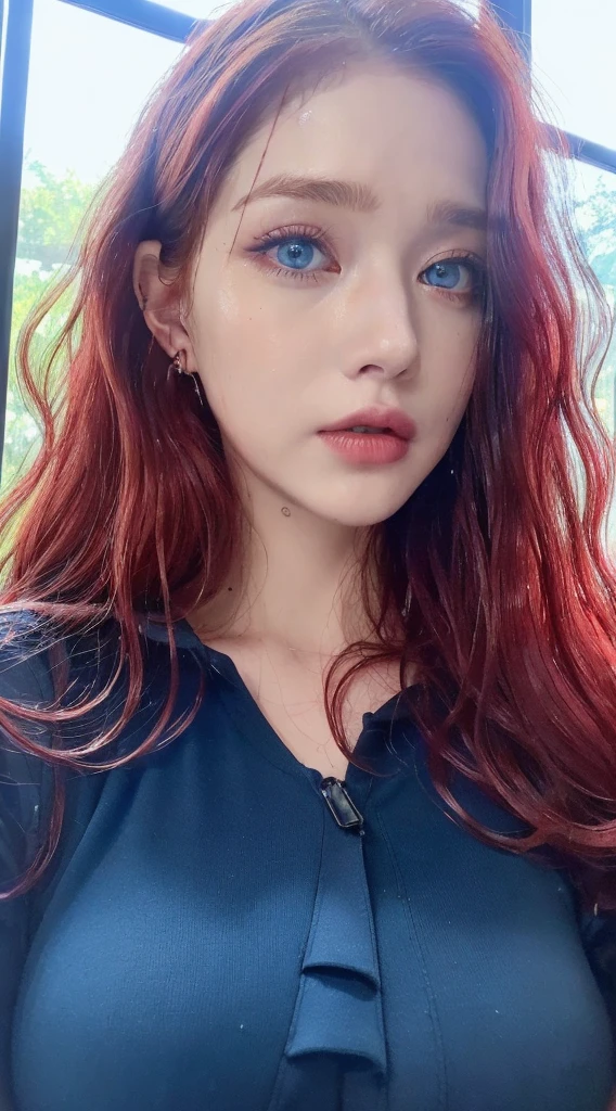 Beautiful handsome woman, ((top quality, 8k, masterpiece:1.retty woman, 1woman, huge breasts:1.3, slender figure:1.1, elastic red long hair, (shower, wet body, wet clothes:1.1), very detailed face, detailed lips, detailed eyes, double eyelids, detailed blue eyes, extremely detailed outstanding blue eyes, red wet hair, red wet hair, detailed outstanding BLUE EYES, innocent stare at the viewer, extremely wet wavy red hair, detailed outstanding BLUE EYES, raining outside