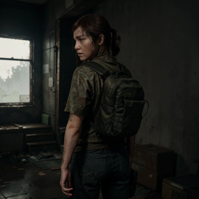 The last of us II, Ellie, standing carry the gun, has backpack on the back, crying, 4k, UHD, high resolution, realistic,