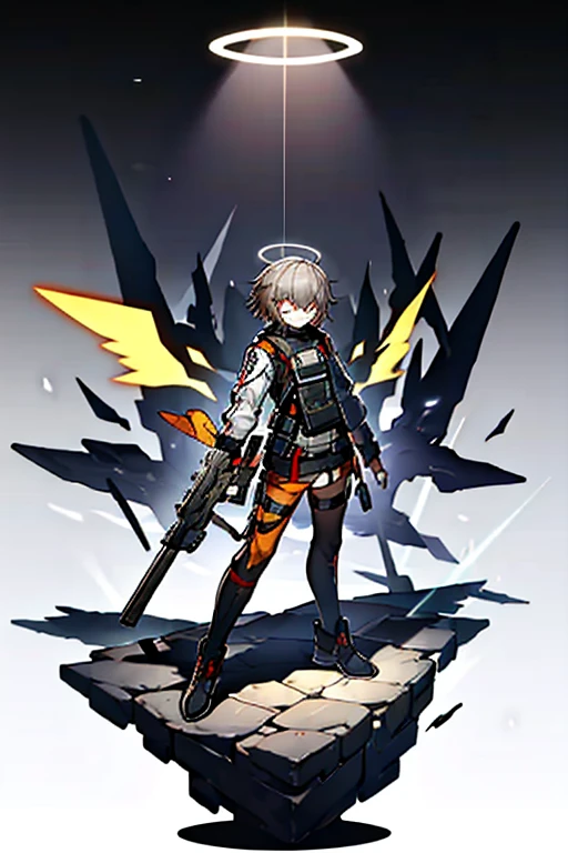 (masterpiece), best quality, solo, arknights design, arknights character, arknights style, dynamic pose, full body, arknights operator, lean body, toned body, Ash gray hair, white halo, sharp eyes, gray eyes, pale skin, medium height, dark, durable pants, reinforced jacket, vest, boots, pistol holster, pistol strap, combat knife, bangs between eyes, man, young man, boy, male, militant, holographic angular shaped wings, ashes, black smoke from behind, black silence, night, dark background, orange yellowish lights, golden trims, gray clothing, dark clothing