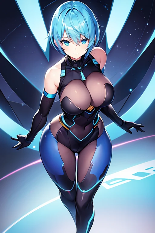 1girl, breasts, large breasts, blue hair, very short hair, pixie cut, blue eyes, bodysuit, black bodysuit, blue trim, science-fiction, futuristic, tech, neon trim, neon, smile, full body, ((full body)), pantyhose, black pantyhose, hourglass figure, ((hourglass figure))