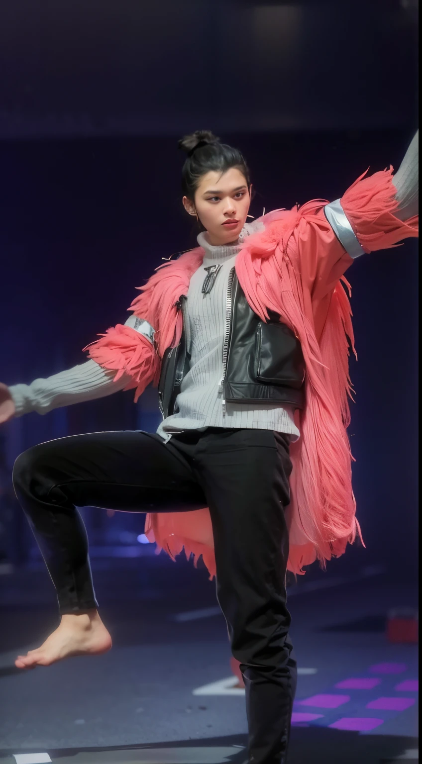 man, black hair in pigtails, white shirt with black jacket covered with pink fur jacket
