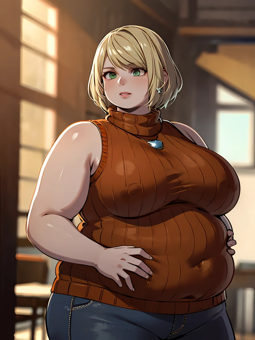 masterpiece , 4K, high quality, perfect anatomy, perfect eyes, obese 1girl, blurry, photo_\(medium\), realistic, short_hair, sleeveless, solo, looking_at_viewer, obese body, blonde_hair, shirt, bare_shoulders, jewelry, light green eyes, full_body, parted_lips, necklace, sweater, lips, turtleneck, bob_cut, sleeveless_turtleneck, orange_shirt, obese Ashley, 3d,