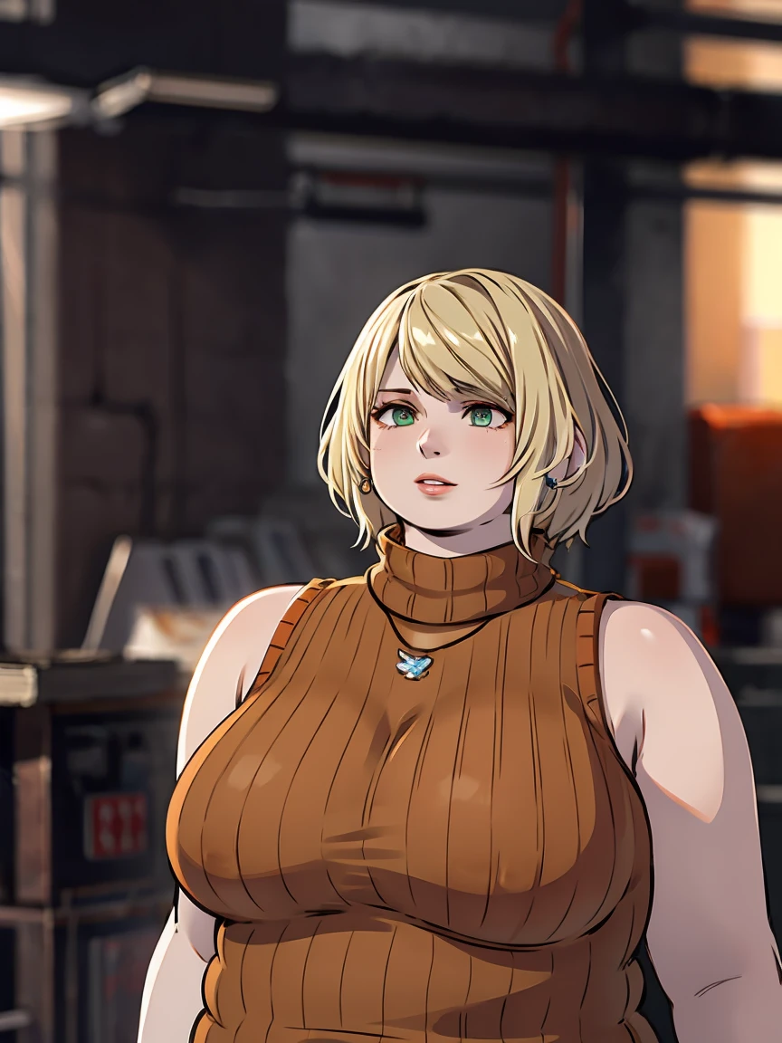 masterpiece , 4K, high quality, perfect anatomy, perfect eyes, obese 1girl, blurry, photo_\(medium\), realistic, short_hair, sleeveless, solo, looking_at_viewer, obese body, blonde_hair, shirt, bare_shoulders, jewelry, light green eyes, full_body, parted_lips, necklace, sweater, lips, turtleneck, bob_cut, sleeveless_turtleneck, orange_shirt, obese Ashley, 3d,