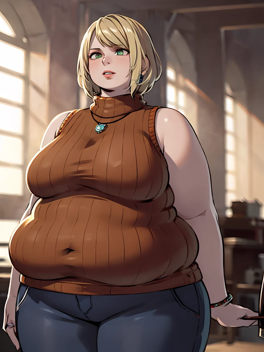 masterpiece , 4K, high quality, perfect anatomy, perfect eyes, obese 1girl, blurry, photo_\(medium\), realistic, short_hair, sleeveless, solo, looking_at_viewer, obese body, blonde_hair, shirt, bare_shoulders, jewelry, light green eyes, full_body, parted_lips, necklace, sweater, lips, turtleneck, bob_cut, sleeveless_turtleneck, orange_shirt, obese Ashley, 3d,
