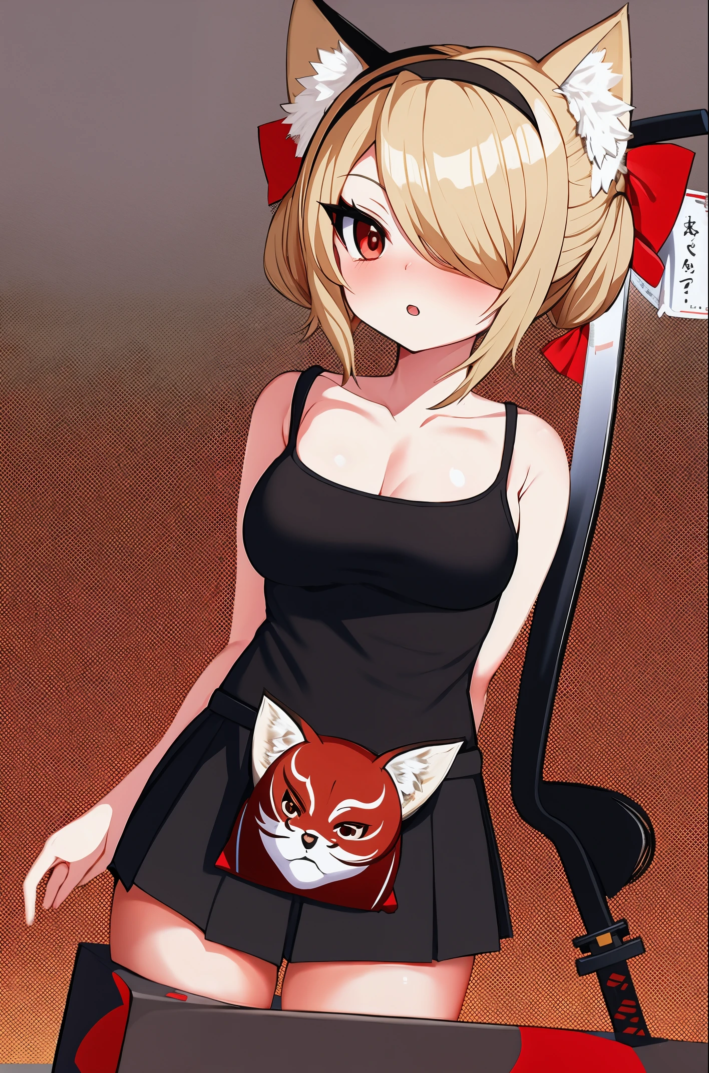 1个Giant Breast Girl, Blonde hair, fox ear, kitsune mask, katana swords, short detailed hair, mini-skirts, box, [(white backgrounid:1.5):::5],  Background with, red eyes, stairways, SakuraNS, fox tails, covers one eye, decor,