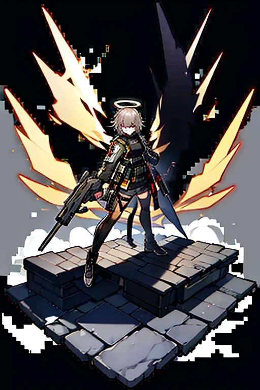 (masterpiece), best quality, solo, arknights design, arknights character, arknights style, dynamic pose, full body, arknights operator, lean body, toned body, Ash gray hair, white halo, sharp eyes, gray eyes, pale skin, medium height, dark, durable pants, reinforced jacket, vest, boots, pistol holster, pistol strap, combat knife, bangs between eyes, man, young man, boy, male, militant, holographic angular shaped wings, ashes, black smoke from behind, black silence, night, dark background, orange yellowish lights, golden trims, gray clothing, dark clothing