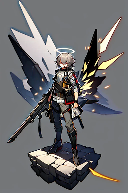 (masterpiece), best quality, solo, arknights design, arknights character, arknights style, dynamic pose, full body, arknights operator, lean body, toned body, Ash gray hair, white halo, sharp eyes, gray eyes, pale skin, medium height, dark, durable pants, reinforced jacket, vest, boots, pistol holster, pistol strap, combat knife, bangs between eyes, man, young man, boy, male, militant, holographic angular shaped wings, ashes, black smoke from behind, black silence, night, dark background, orange yellowish lights, golden trims, gray clothing, dark clothing