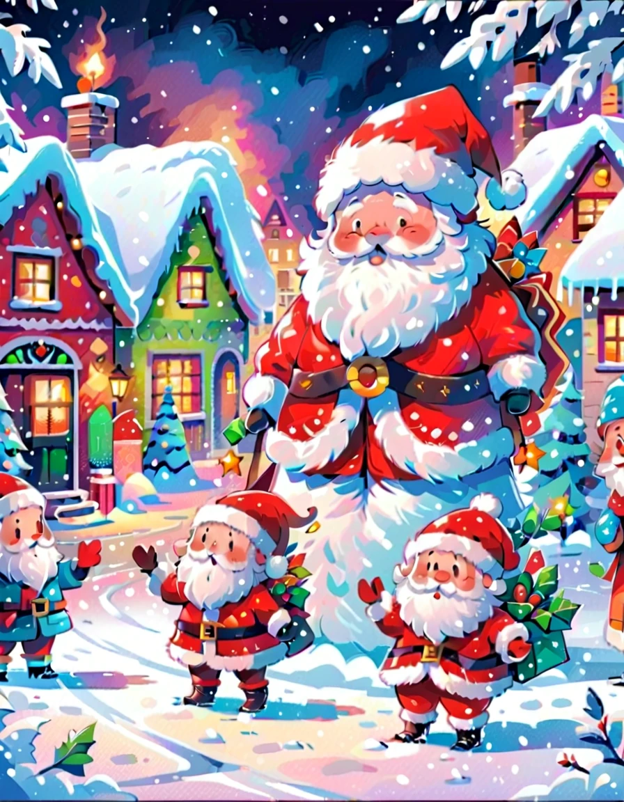 1 cute Santa Claus，Christmas elements decoration，surrounded by snow，colorful shapelue backdrop，MBE illustration，Thick lines，Vivid color scheme，Sharpie illustration