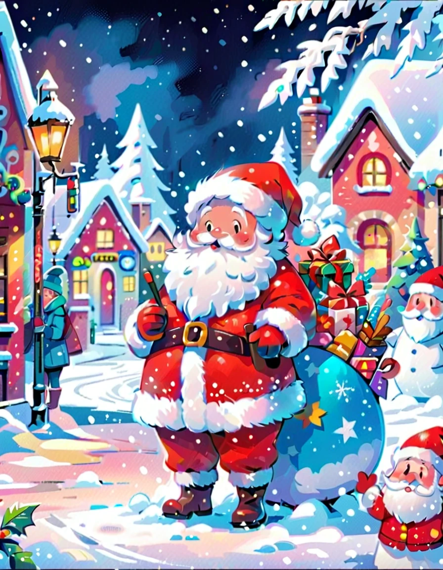 1 cute Santa Claus,Christmas elements decoration,surrounded by snow,colorful shapelue backdrop,MBE illustration,Thick lines,Vivid color scheme,Sharpie illustration