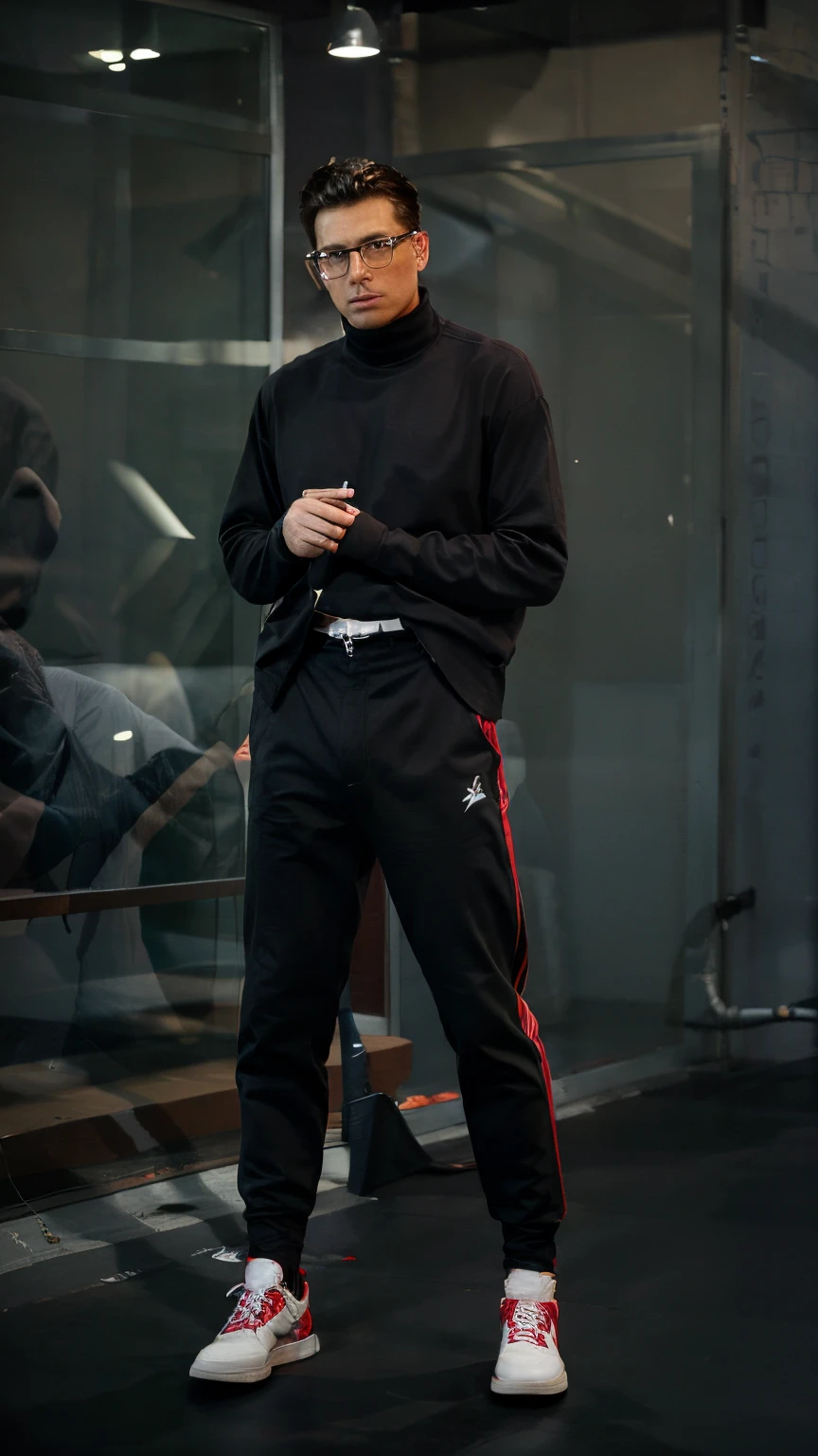 Men's turtleneck shirt, glasses, classic jazz pants, red and white Jordans