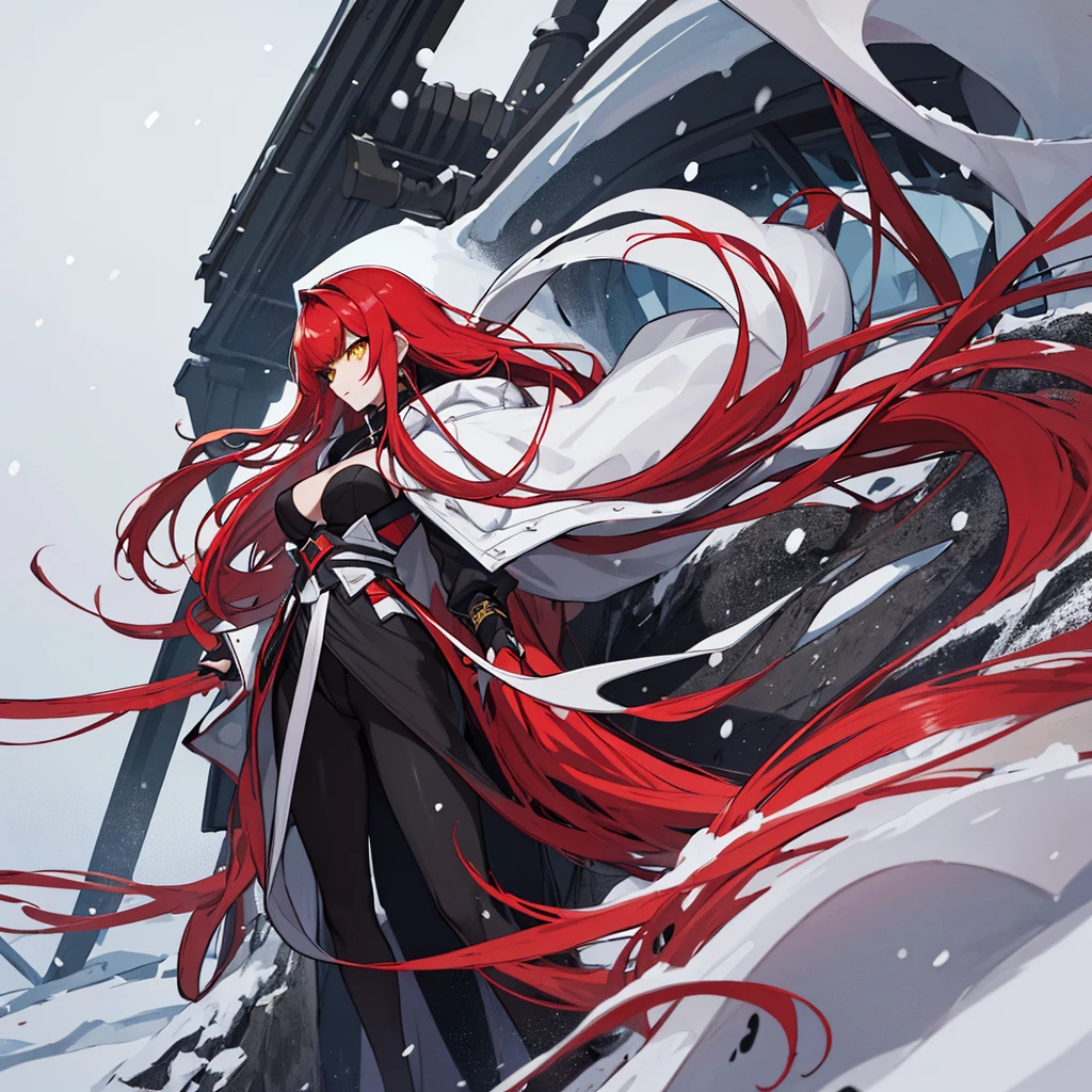 (absurdres, 8k, 4k, masterpiece, hyper extreme detailed:1.2), solo, 1girl, front view, perfect face, 1girl, (straight cut bangs), (very long hair), evil, ((invernal clothes)), snow background, snowing, winter forest, portrait, expressive eyes, solo, perfect anatomy, evil eyes, female, medium boobs, white winter clothes, ((long red hair)), windy, serious, inexpessive, not similing, yellow eyes, female, waiting, (full body)