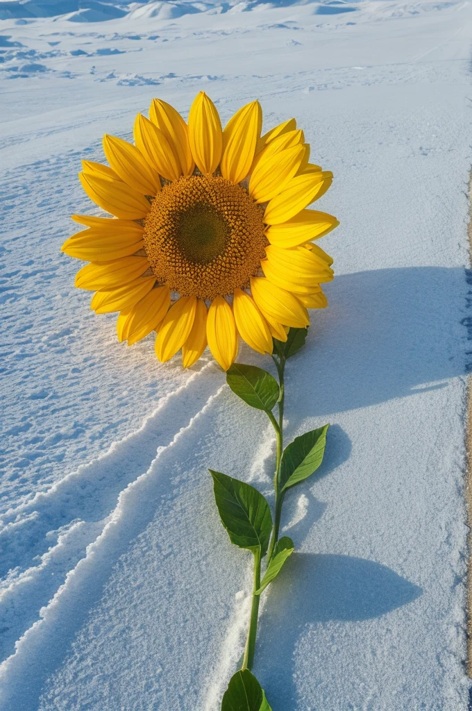 Frozen Sunflower, winter, snow, intricate, (best quality, masterpiece, Representative work, official art, Professional, unity 8k wallpaper:1.3)
