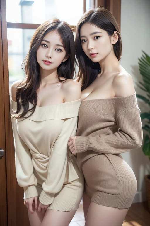 ((Two married women in their 20s bending slightly at the waist、Posture with hands on both knees:1.2))、((They stand shoulder to shoulder、Stick the hips and hips together)), (Off-shoulder knitwear:1.4)、(The shape of the buttocks is faintly visible from the top of the clothes.)、((Seductive facial expressions:1.ur butt is facing us:1.3))、((Etch Smile))((Medium long wavy hair))The face is orderly、A detailed face、Beautiful face、Tying hair、Light brown eyes、1girll、Innocence、(Photorealsitic)、(intricate detailes:1.2)、(masterpiece、:1.3)、(top-quality:1.4)、(超A high resolution:1.2)、超A high resolution、(A detailed eye)、(detailed facial features)、nffsw、8K分辨率、Large breasts, from a_Above, sleeves_hiar_wrist, Breasts squeezed together, ((leaning_Forward)), ((bent_Over:1.3)),