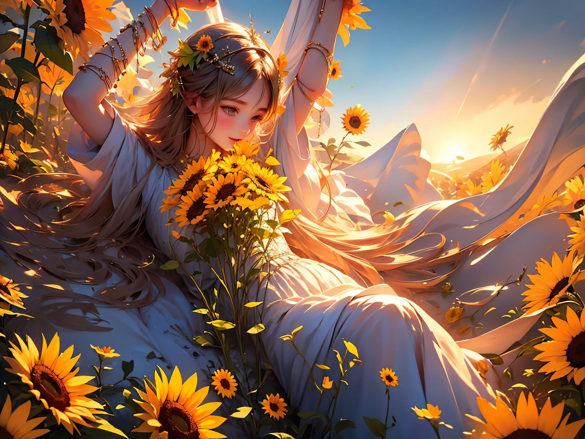 (best quality, highres, ultra-detailed, realistic:1.37), vibrant colors, warm hues, natural lighting, medium:fractal art, girl with flowing hair, serene expression, delicate facial features, intricate sunflower field, golden sunlight, soft breeze, dreamlike atmosphere, ethereal beauty, tranquil background, vivid petal textures, subtle shadows on the girl's face and body, fine details of the sunflowers, hypnotic patterns, captivating composition, magical and surreal, mesmerizing color palette, enchanting and peaceful ambiance.