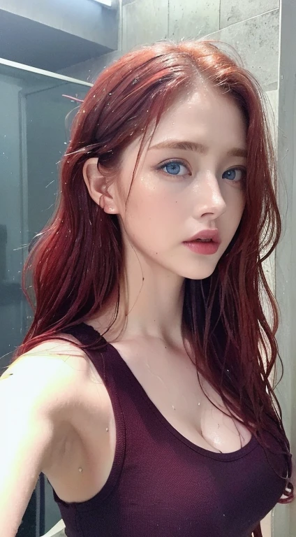 Beautiful handsome woman, ((top quality, 8k, masterpiece:1.retty woman, 1woman, huge breasts:1.3, slender figure:1.1, elastic red long hair, (shower, wet body, wet clothes:1.1), very detailed face, detailed lips, detailed eyes, double eyelids, detailed blue eyes, extremely detailed outstanding blue eyes, red wet hair, red wet hair, detailed outstanding BLUE EYES, innocent stare at the viewer, extremely wet red hair, detailed outstanding BLUE EYES
