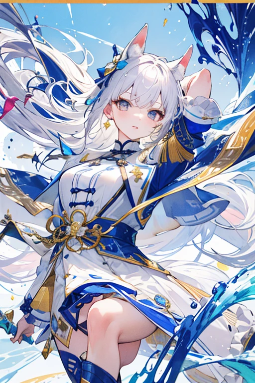 ((tmasterpiece:1.4,Best quality))++,(hyper-detailing)+,(Best quality,hyper-detailing,vibrant with colors,rich colourful,dynamic angle,hight contrast:1.2),A girl,Height 158 cm,White waist-length hair,The overall color scheme is:white colors,in pink,Sky blue and a little gold as accents(various shades of color),Wearing a long-sleeved dress(various shades of color,Decorated with gold lace,Chinese classical elements),Wearing a blue and white short-sleeved jacket((Gold lace and button decoration,hyper-detailing)),With white horse ears and white horse tail,National tide background,Booties,The weapon is a pink gold bow,lively and lovely,Draw the whole body,Fashionab,National tide background, with dynamism, garments, posing on a, frontage, rich colourful, dyna, Background with, element in, self-assured, Expressing the, statement, fittings, A majestic, coil, Runt, Scenes, Cover of a, boldness, attention-grabbing,Fashionab, typeface, Catchy, attention-grabbinodern day, Fashionab, focal, Fashionab,delicated face,exquisite facial features,National tide,full bodyesbian