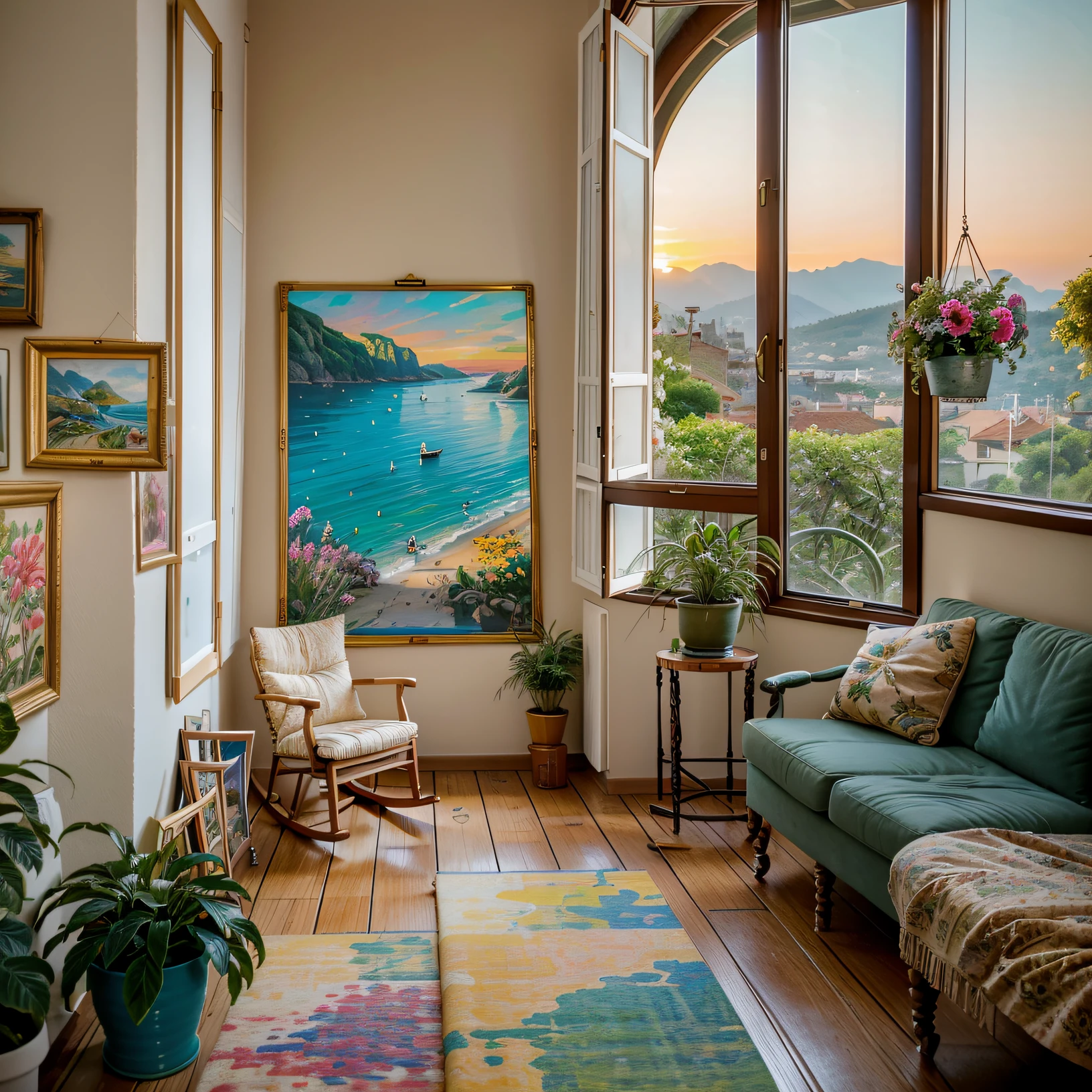 Terrace studio, huge, plants in pots, flowers in a vase, figurines, rocking chair, birds, cat, expensive and cozy interior, creative workshop, decoration, Cozy artist's workshop, easel, color palette, acrylic paints, paintings, large windows, loggia, art, awards, table, sofa, armchairs, mirror, crystals, meditation, harmony, many books on the walls, paintings on the walls, view from the window, sea, mountains, amazing sunset, floral arrangements, paints, brushes, artist's theme, graceful, dynamic bright lighting, happiness, full color, multicolored, artificial, highest detail, super quality, fine details, highlights, neon lights, masterpiece, best colors