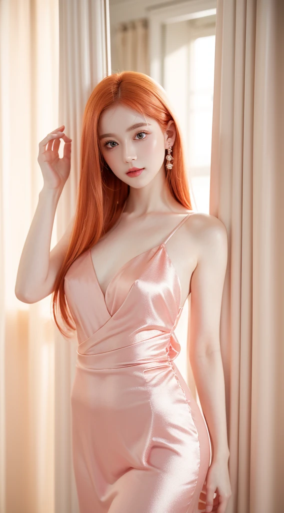 (masterpiece, best quality: 1.2), RAW quality, three girls, alone, 4k, high resolution, hyperrealism, Photographed with a Canon EOS R5, 50 mm lens, F/2.8, RAW quality, beautiful face, perfect, eyes violet pupil, slight smile, makeup, carrot-colored hair.