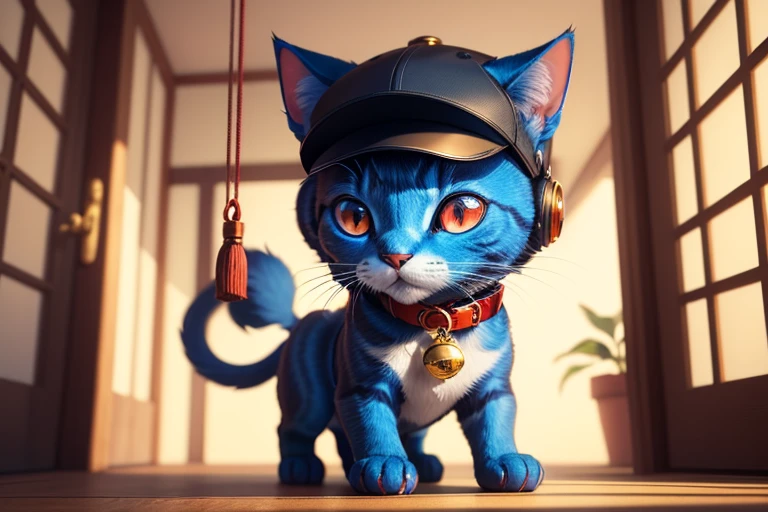 Masterpiece, tiny blue cat,autumn, metal cap, dark moose, Cat wearing a red collar,put on metal shoes, Blue and red eyes,Hanging golden bell, Japanese Style