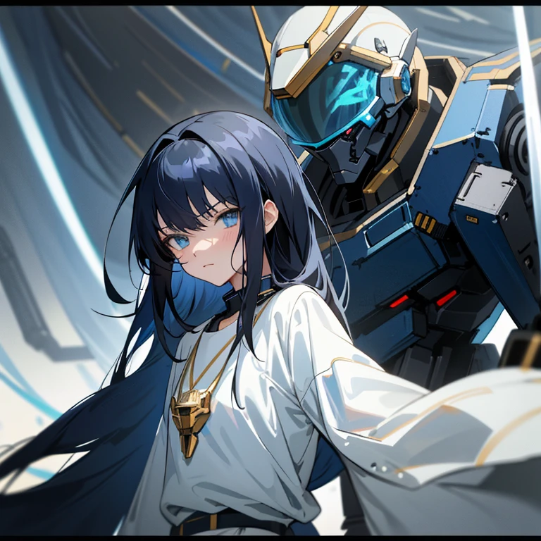 Young anime, aesthetic body, dark blue eyes, black hair, hair like night, eyes like the ocean, with white clothes with blue details, on a spaceship, with golden necklace, fighting robot, mech suit, scowl, dark ominous vibe, evil mech, robot, lustful look on robots face, flirty body language,