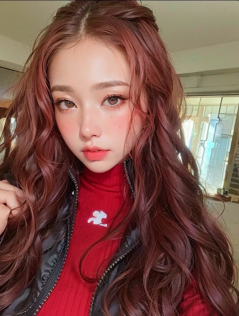 ridiculous, 1 girl, starry eyes, blush, (reality:1.5), (masterpiece, extremely detailed CG Unity 8k wallpaper, best quality, high resolution: 1.2), (ultra_detailed, UHD:1.2), (pixels:1.erfect lighting, unique, (beautiful girl:1.2), looking at the audience, unreal engine, side light, perfect face, detailed face, beautiful eyes, pretty face, (bright skin: 1.3), idol, (abs), ulzzang-6500-v1.1, soft smile, upper body, (crimson hair), ( background), ((dark background)), (depth of field), close-up, selfie