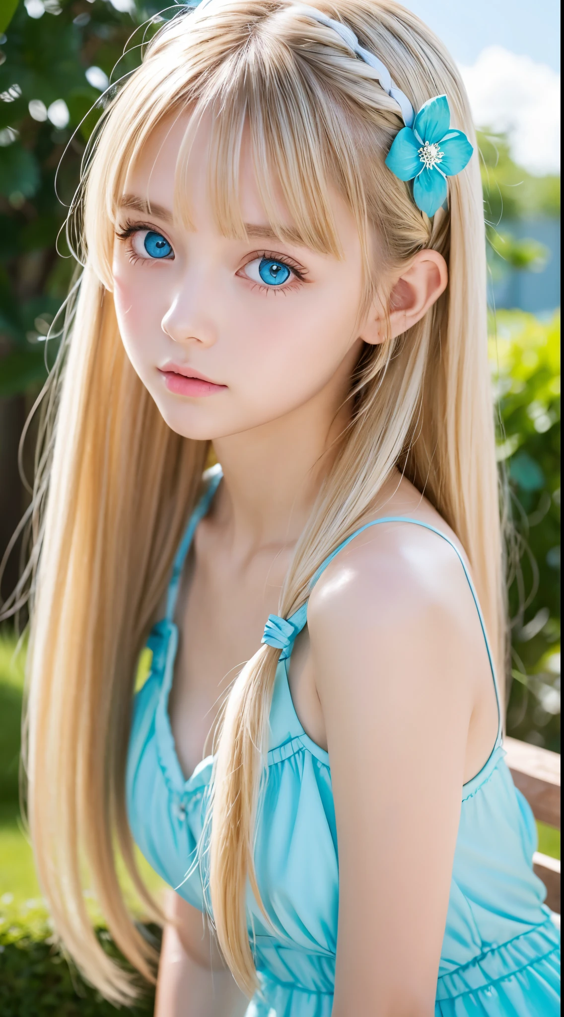 Twintails are sexy, so her face.., extemely cute and beautiful、shiny very beautiful skin、Beautiful disheveled bangs、Very beautiful and cute sexy bright sky blue eyes、very big eyes beautiful very long shiny silky blonde hair、18 years old petite, an extremely beautiful and cute girl、Gloss Face、Teak Gloss、White beautiful skin、white dress, cyan decorations,