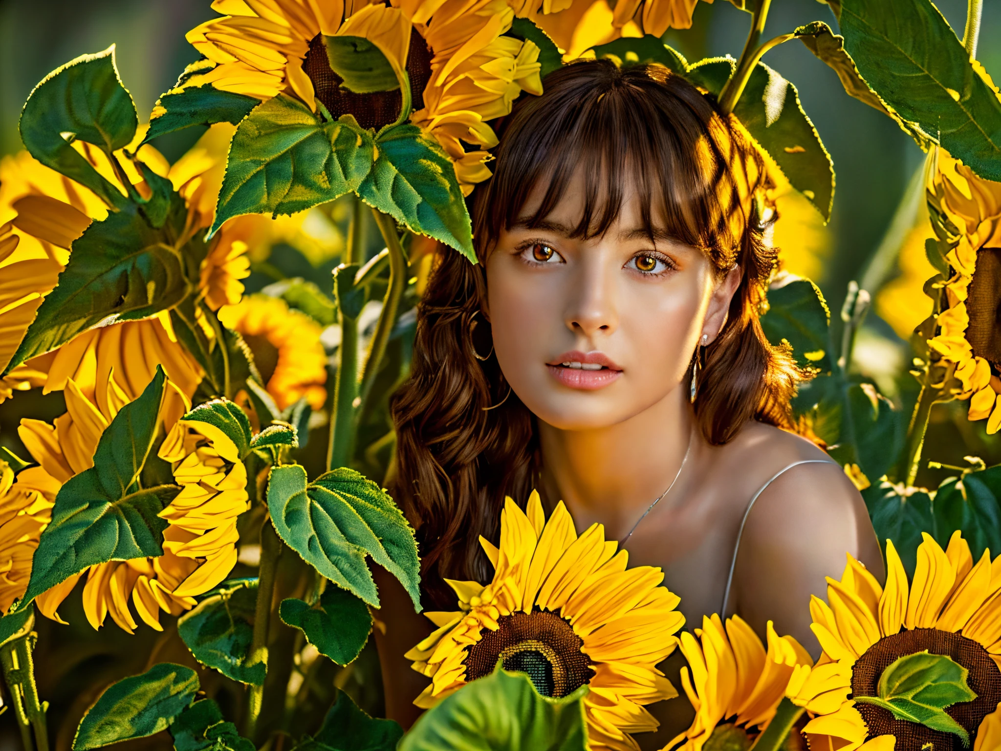 (best quality,4k,8k, highres, masterpiece:1.2), ultra-realistic, photorealistic, photo-realistic:1.37), HDR, UHD, studio lighting, ultra-fine painting, sharp focus, physically based rendering, extreme detail description, professional, vivid colors, a girl in the sunflowers, fractal art,