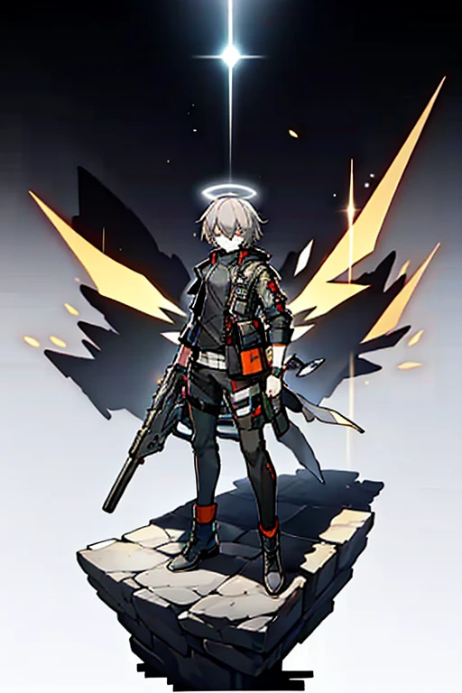 (masterpiece), best quality, solo, arknights design, arknights character, arknights style, dynamic pose, full body, arknights operator, lean body, toned body, Ash gray hair, white halo, sharp eyes, gray eyes, pale skin, medium height, dark, durable pants, reinforced jacket, vest, boots, pistol holster, pistol strap, combat knife, bangs between eyes, man, young man, boy, male, militant, holographic angular shaped wings, ashes, black smoke from behind, black silence, night, dark background, orange yellowish lights, golden trims, gray clothing, dark clothing