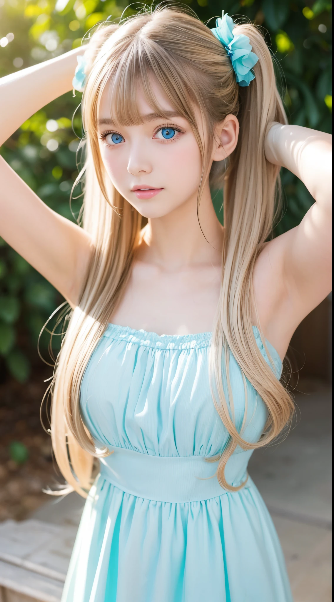 (Best Quality, masutepiece:1.2), 1 girl, Solo, Long hair, a blond, Twin tail, elf_ear, light green dress, elf, 12year old, extremely detailed eye and face, Eyes with beautiful details, Flower Garden, Smile,(Petite,skinny,slender:1.2)