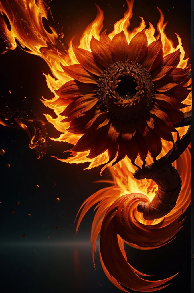 flame Sunflower, lava, on fire, blazing flame, fantasy art, ultra-wide-angle, octane render, enhance, intricate, (best quality, masterpiece, Representative work, official art, Professional, unity 8k wallpaper:1.3)