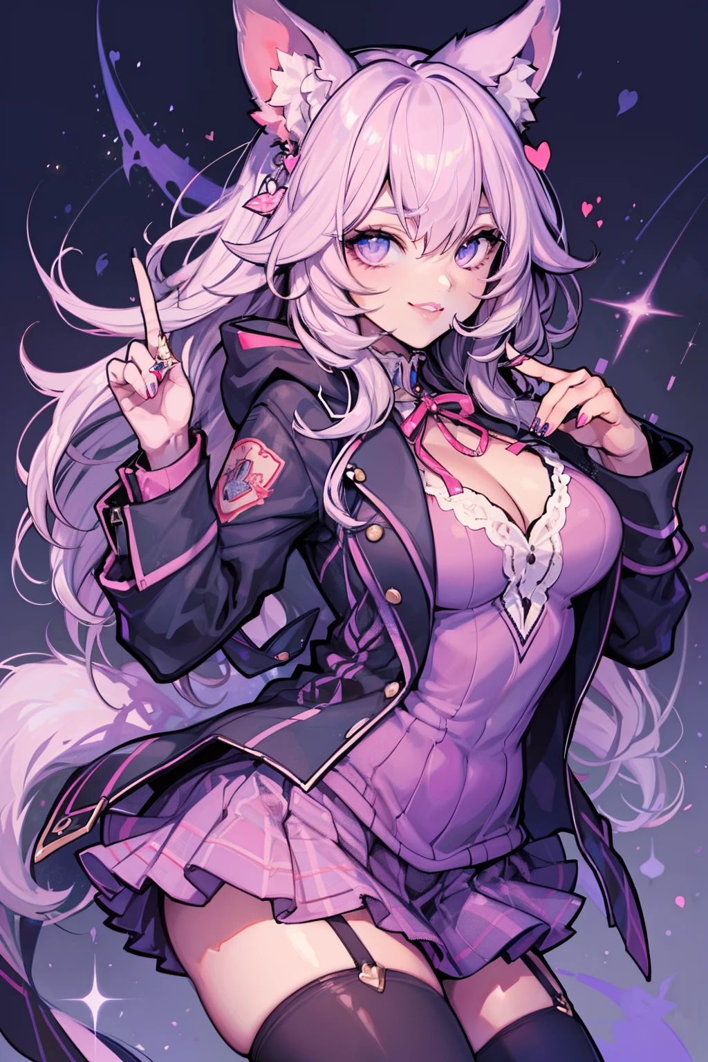 cute wolf woman, sparkly eyes, False lashes, Pink lips, A smile, a miniskirt, Thumb and four fingers, Anatomically correct fingers, detail portrayal, No exposure, jaket, Lots of hearts,