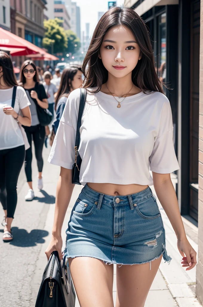 “A young woman in her mid-20s, Walking on the streets, Looking directly at the camera, Confident and friendly expression, Casually dressed in modern, stylish attire, Urban street scene background, Bright, sunny day lighting, Vibrant colors”