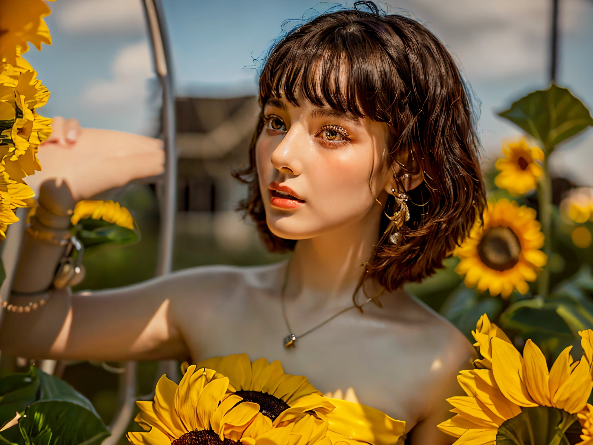 (best quality,4k,8k, highres, masterpiece:1.2), ultra-realistic, photorealistic, photo-realistic:1.37), HDR, UHD, studio lighting, ultra-fine painting, sharp focus, physically based rendering, extreme detail description, professional, vivid colors, a girl in the sunflowers