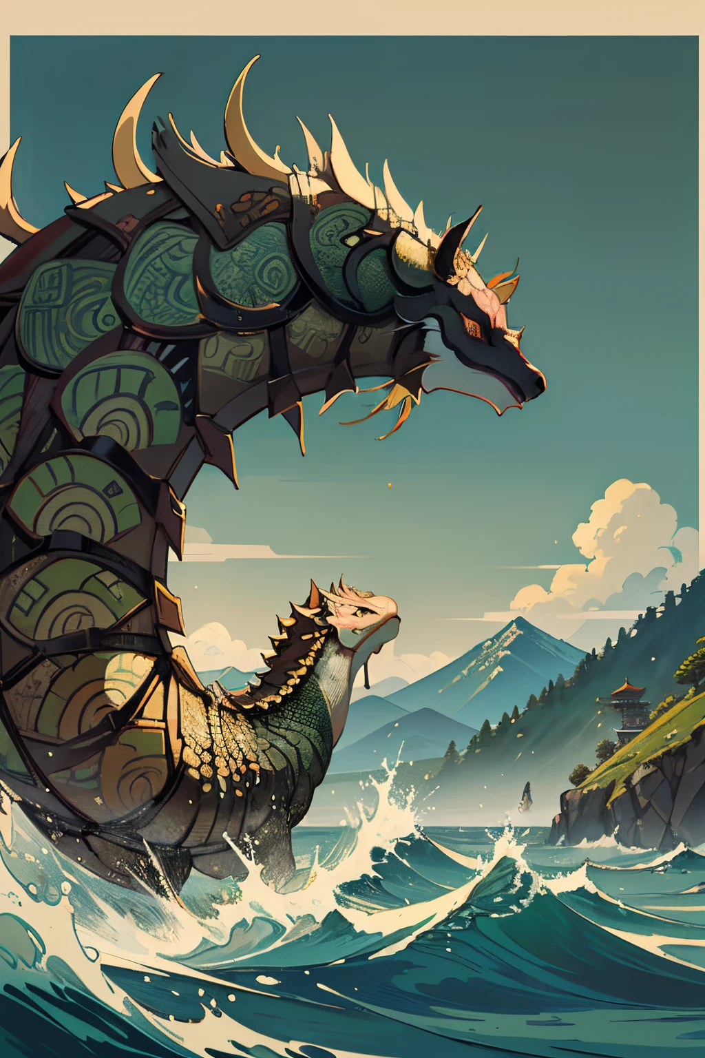 Ancient Chinese painting, mountain and sea classic style, Ukiyo-e style, gold and dark green main color, mountain and sea background, hand-painted style, god beast, armadillo, pangolin prototype