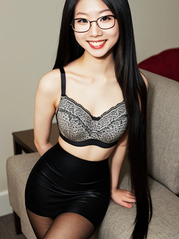 asian, glasses, big breasts, black bra, smile, sexy pencil skirt, long straight hair, long legs,