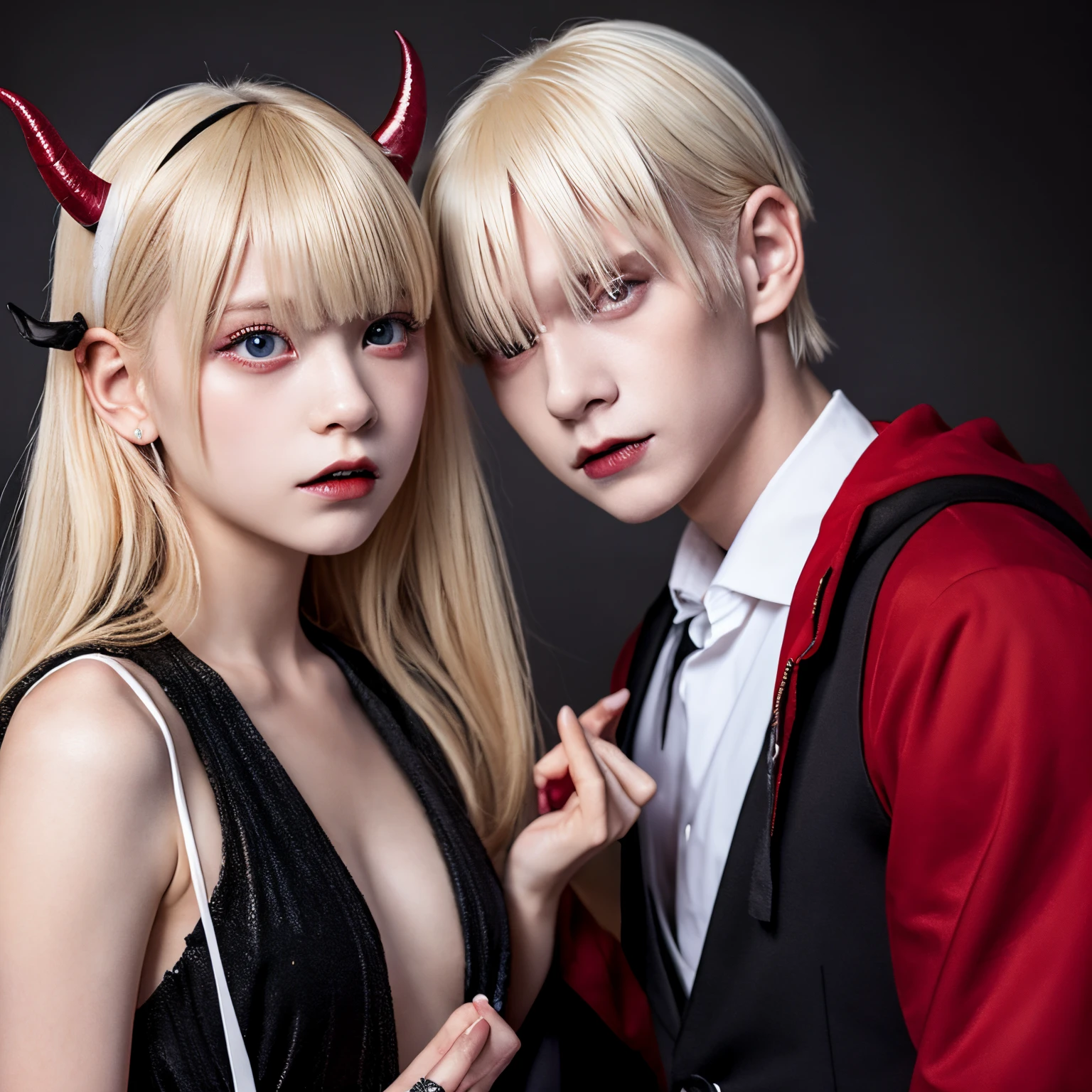 Two twins, one boy and one girl who are 6  blonde vampire babies with demon horns