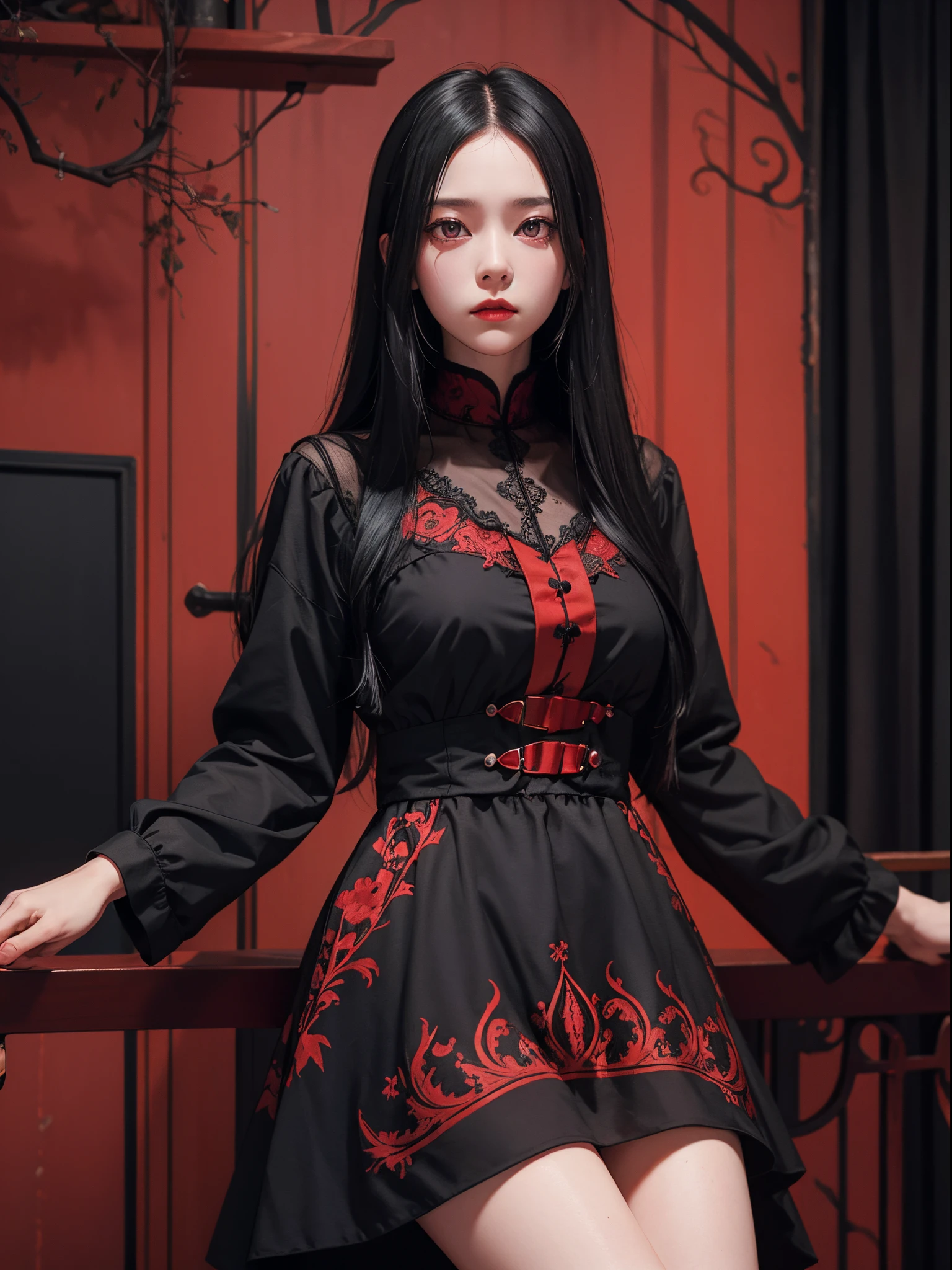 Woman in black dress, Long Black Hair, Red Eyes, Turning around,red wall、White pattern、 horror atmosphere, Dark, Highest Quality, 8K