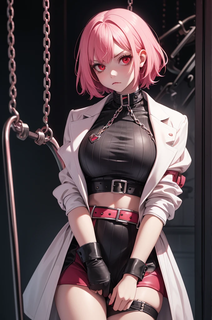 Vampire girl, short pink hair, red eyes, sad face, wearing a white straitjacket, chains around waist, Metal bars in background.