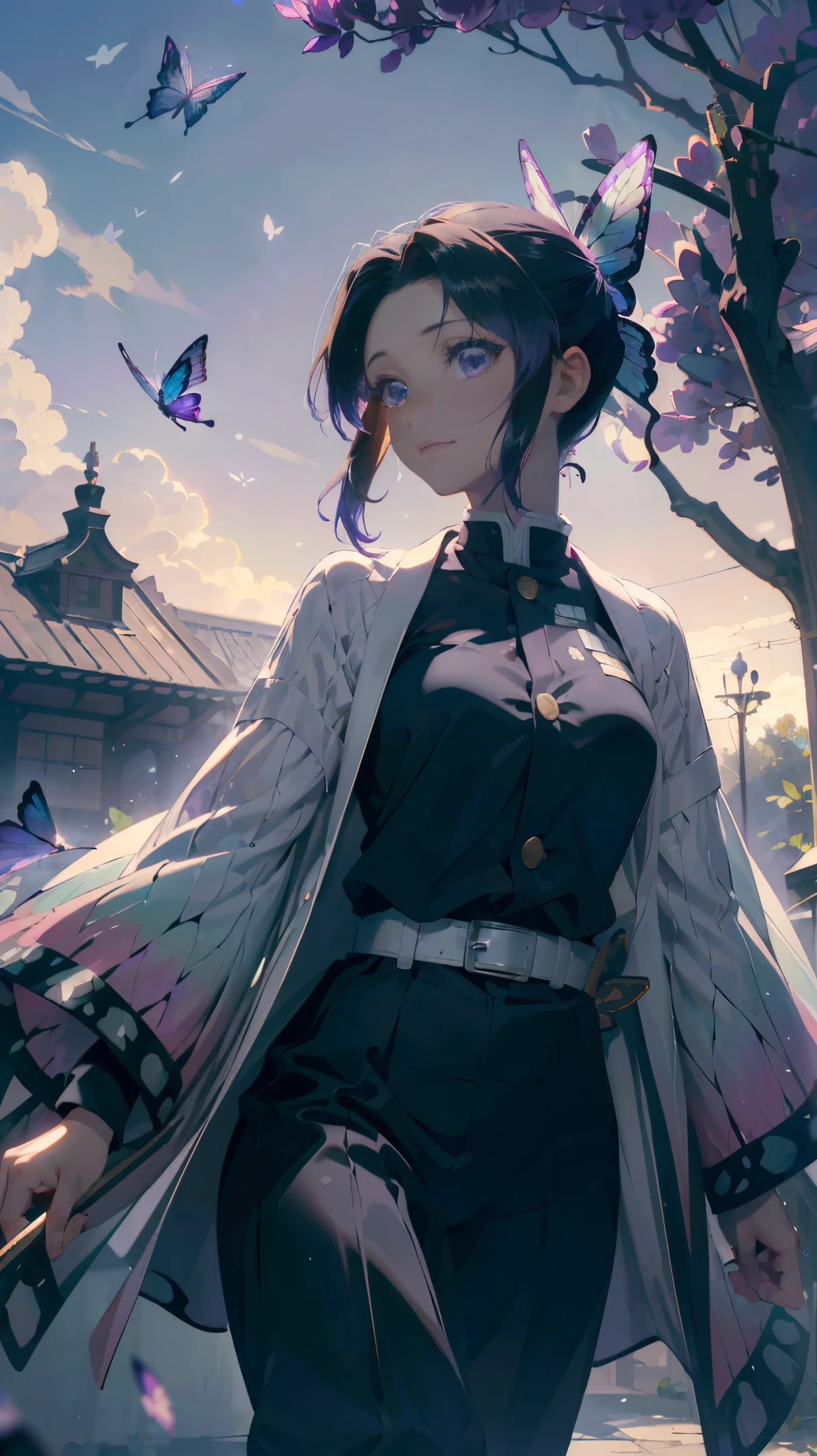 Ultra-realistic 8k CG,masterpiece,((ultra-detailed background, delicate pattern, intricate details)),best quality,very detailed face,extremely detailed eyes and face,extremely detailed eyes,kochou shinobu,multicolored hair,no bangs,hair intakes,purple eyes,forehead,black shirt,black pants,haori,butterfly,buttons,belt,(Garden:1.2),purple flower,chibi,cloudy sky,sunlight,Tindal effect,gradient_sky,face,Gorgeous sky,Waist Sabre,Charming posture,