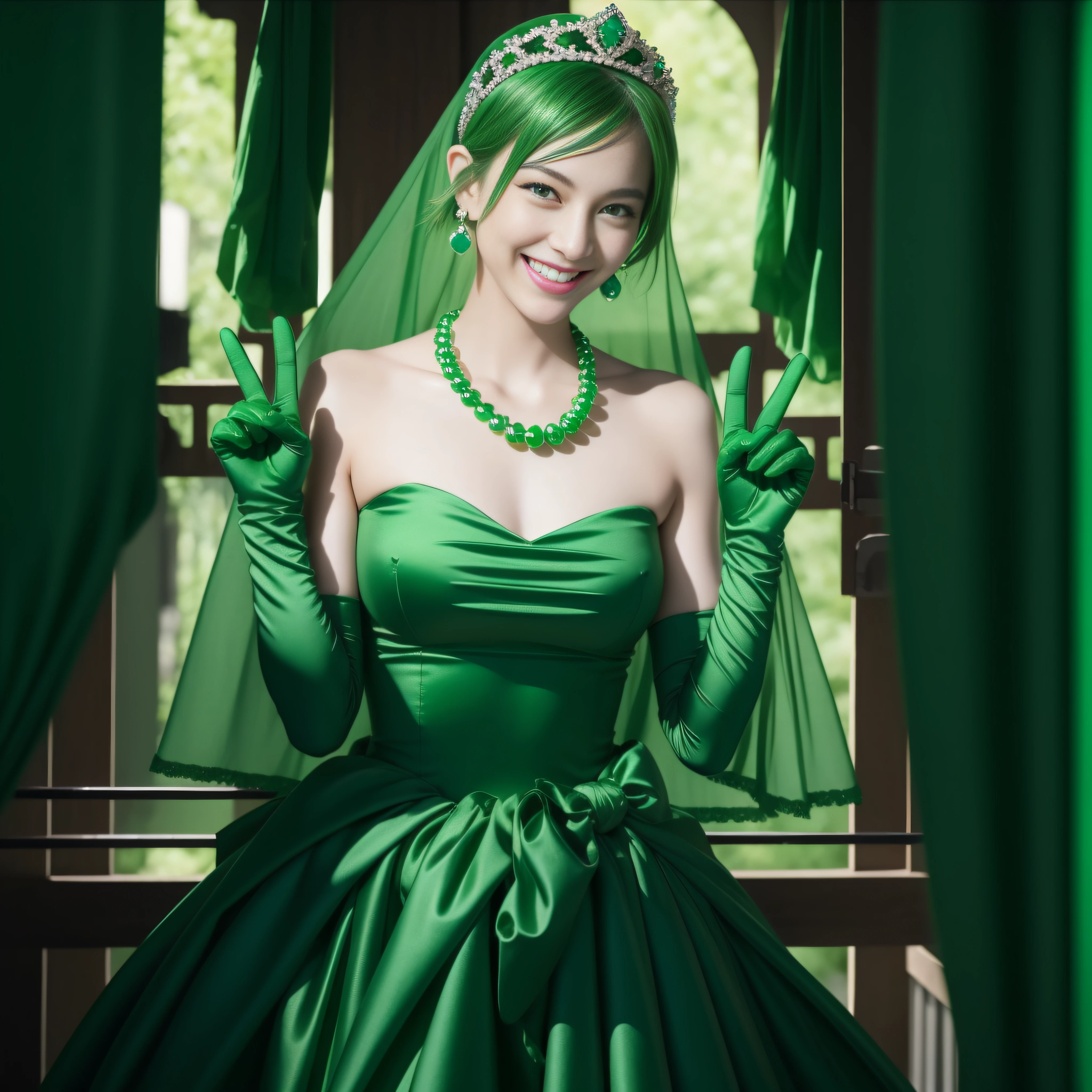 emerald tiara, Green Pearl Necklace, Boyish very short green hair, lipsticks, Japan woman smiling, very short short hair, big breasts beautiful, Green eyes, Long green gloves made of satin material, Green eyes, Emerald Earrings, green vale, v sign