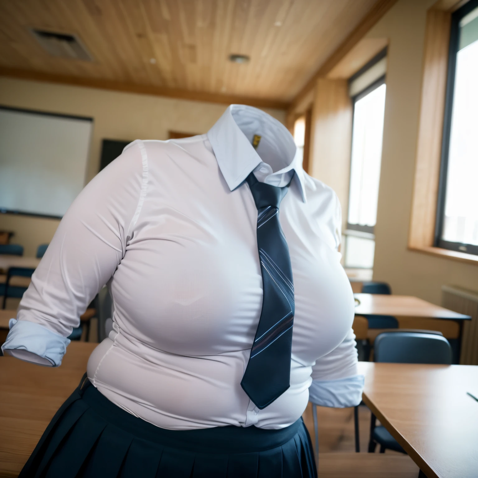 ((chubby, fat)), white shirt, blue stripe tie, school tie, school uniform, __expression__, lean forward, classroom, cute pose, (invisible, no humans, headless, faceless:1.5), very big breasts, (close-up shot of breasts), (8k, RAW photo, best quality, masterpiece:1.2), (realistic, photo-realistic:1.37), photon mapping, radiosity, ((Hasselblad photography)), physically-based rendering