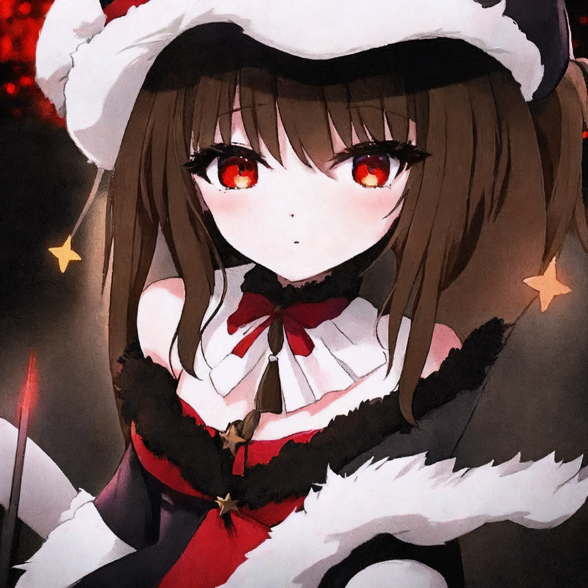one-girl, closeup cleavage , Outdoor sports, foggy part, Brown hair, Long double ponytail, six-pointed star hat, Black and red clothes, Fluffy sleeves, art  stations, (Cinematic:1.1), (Dark atmosphere:1.2), HighDynamicRange,  (pastel colour:1.2)